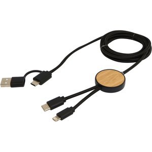 Chechia 5-in-1 recycled plastic 150 cm data sync and 27W fast charge cable with bamboo details - EgotierPro 124422