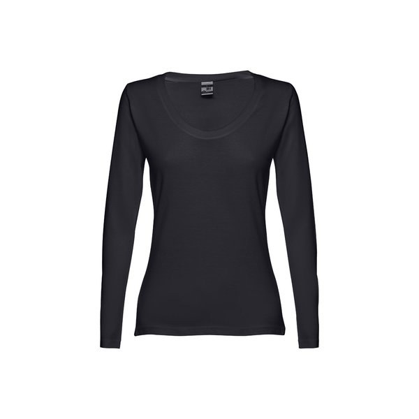 Long-sleeved scoop neck fitted T-shirt for women. 100% carded cotton